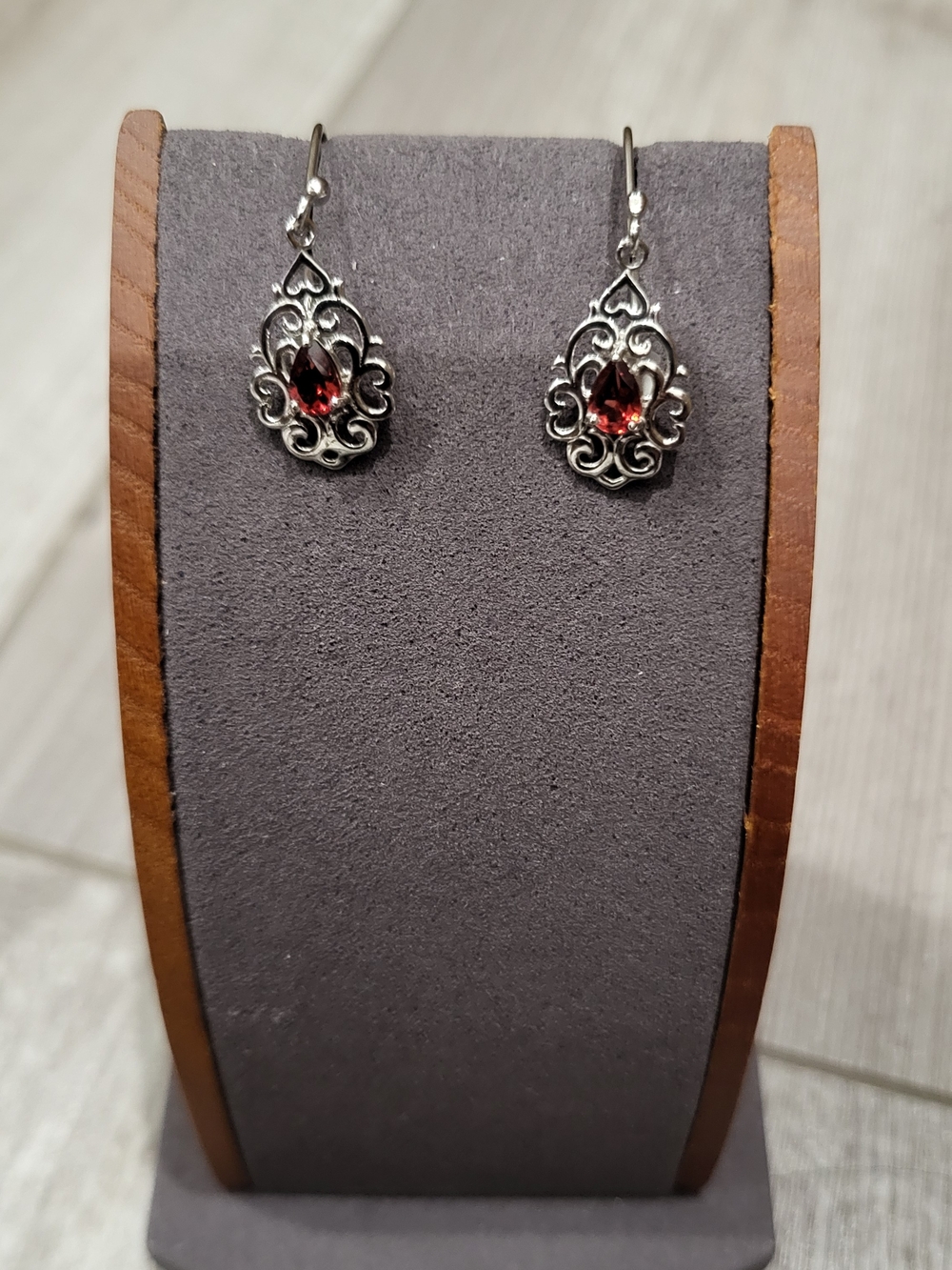 Sterling Silver Genuine Red Garnet Drop Earrings - Elegant Filigree Design